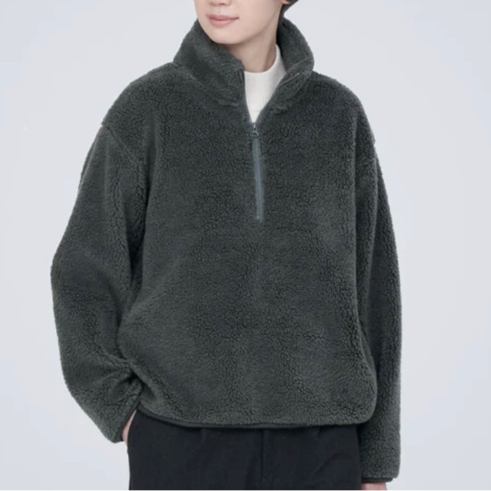 Muji Women's Boa Fleece Half-Zip Pullover in grey charcoal